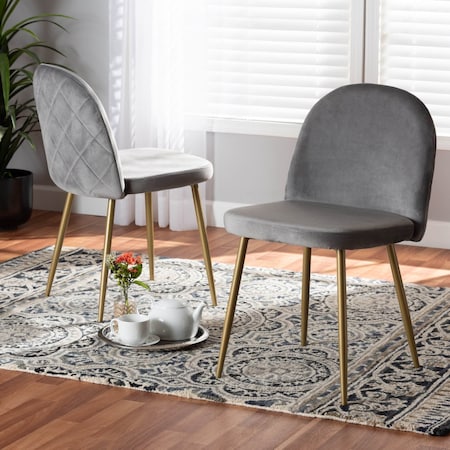 Fantine Modern Luxe And Glam Grey Velvet Upholstered And Gold Metal 2-Piece Dining Chair Set